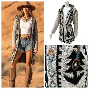 Wear to Love Womens Aztec Southwestern Hooded Duster Cardigan Beige Black Rugged